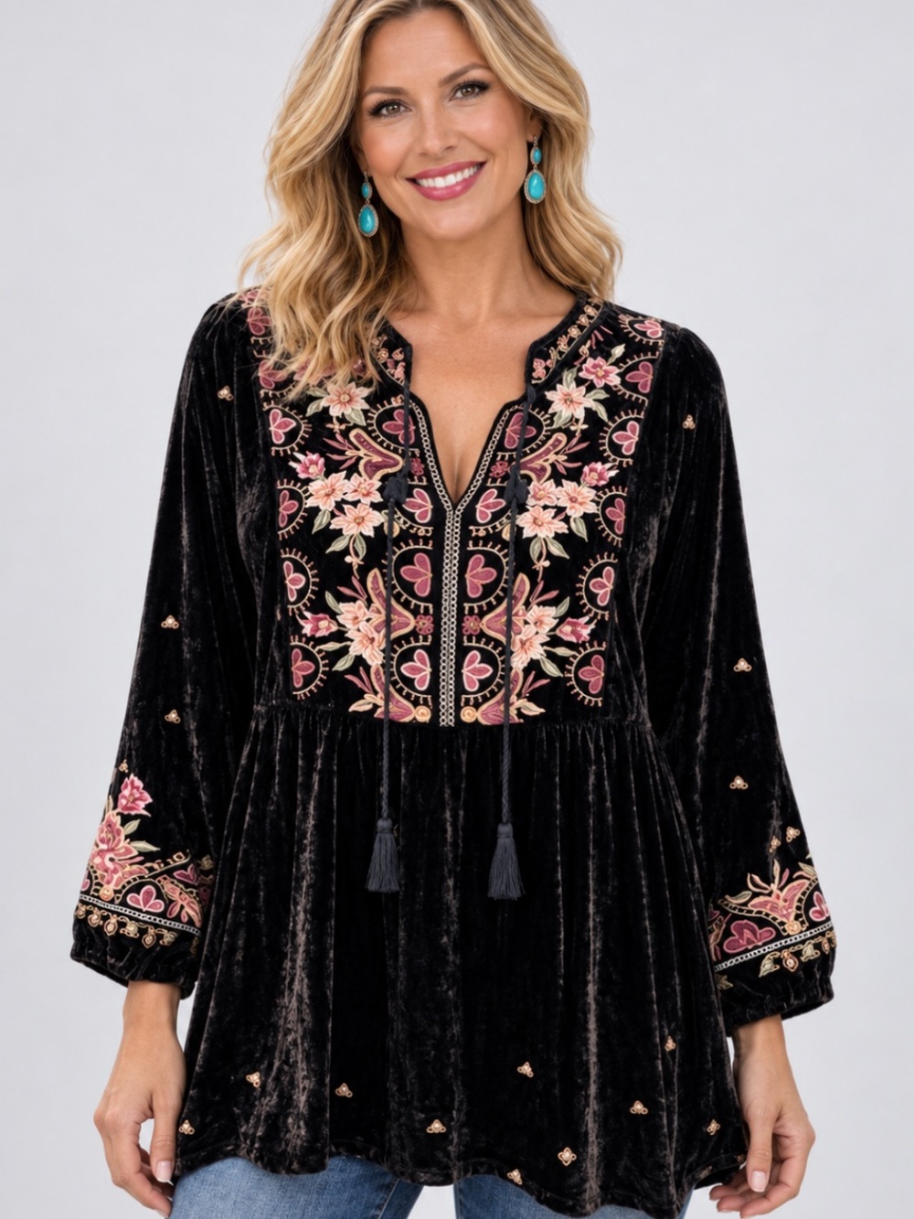 Johnny Was silk blend Joanna Velvet Mandarin Blouse Embroidered NWT